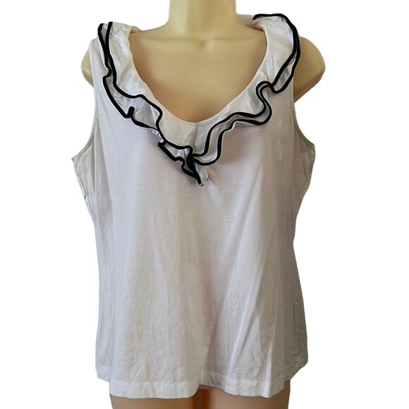 Chaps size L White Knit Top with Black Trimmed Ruffle Neckline - Picture 1 of 8